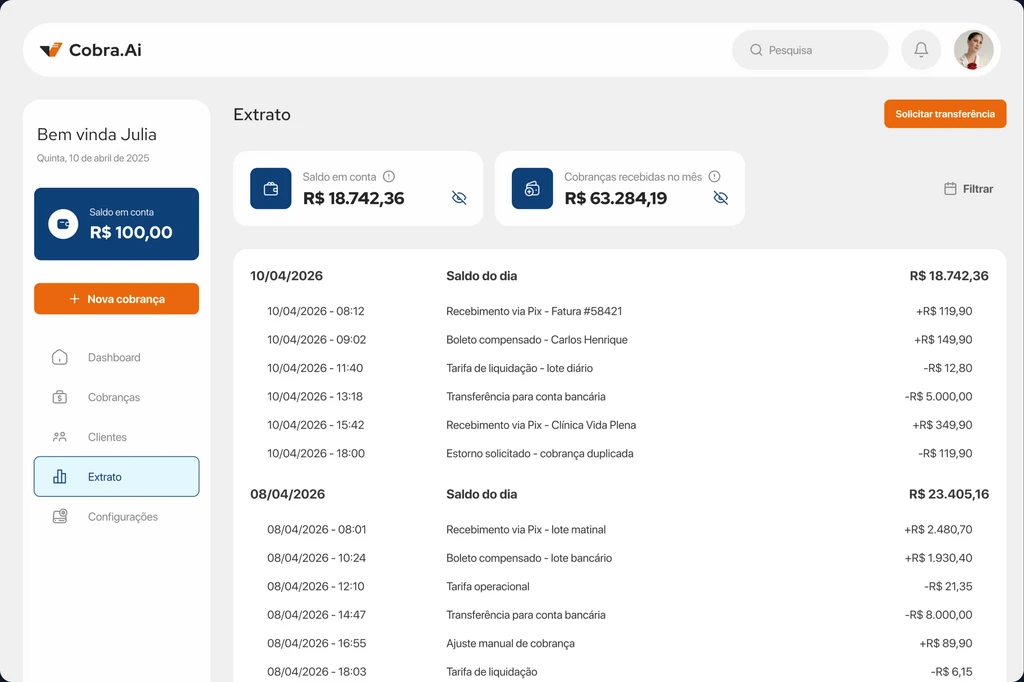 Tela de extrato e saldo do Cobra Pay