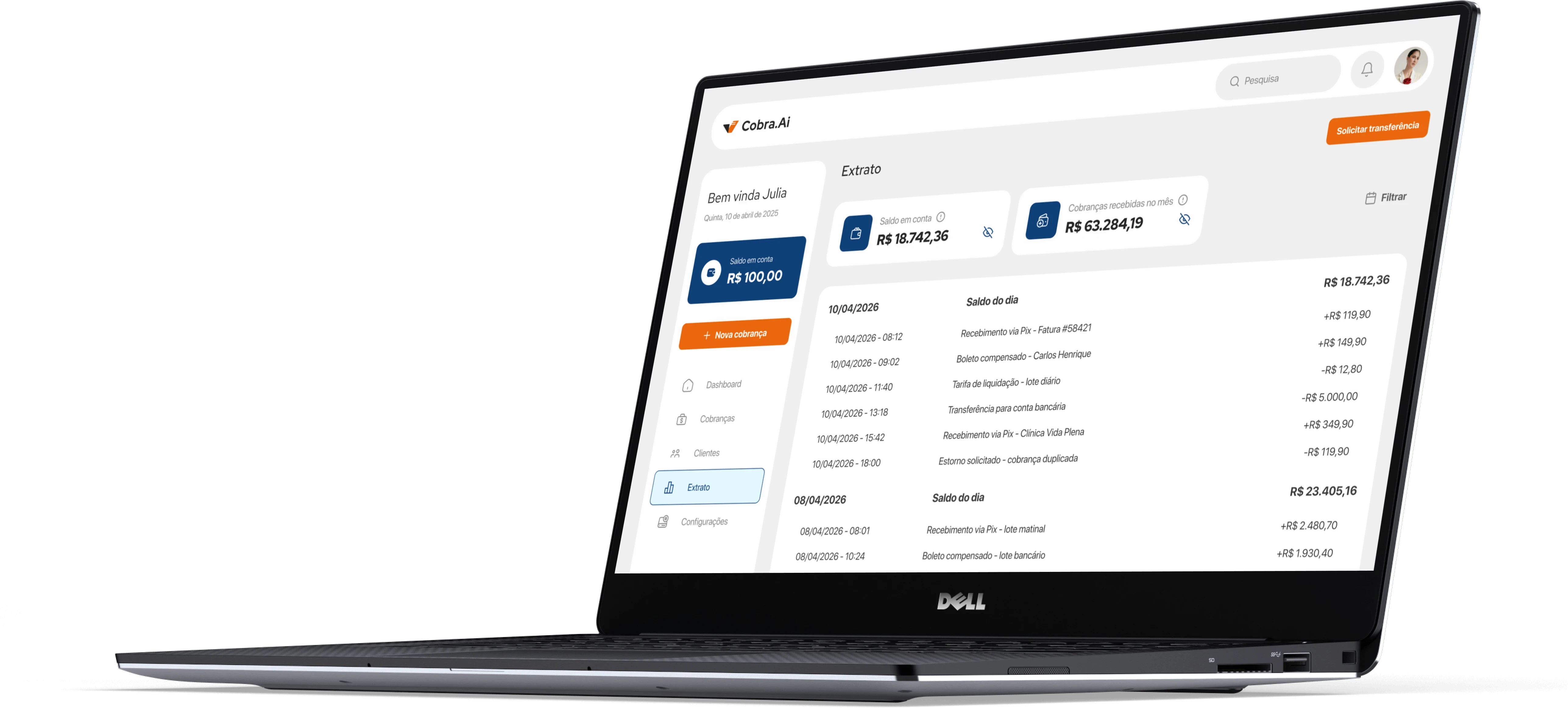 Extrato do Cobra Pay em um notebook, com saldo do dia e cobranças recebidas